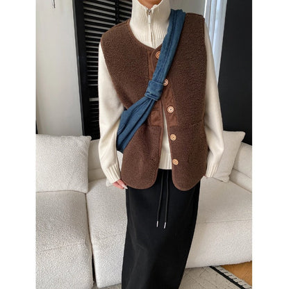 Damen Fleece-Weste mit Knöpfen und hohem Kragen