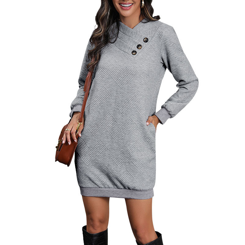 Damen Sweatkleid Strukturiertes Muster Dekorative Knöpfe Grau