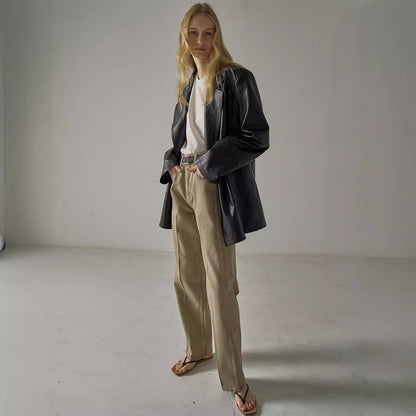 Damen Oversized Blazer Kunstleder Eveloria