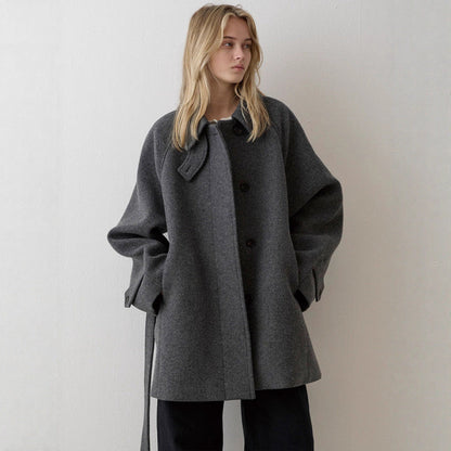 Damen Wollmantel Gesteppt Elegant Kragen Schwarz Eveloria - Eveloria