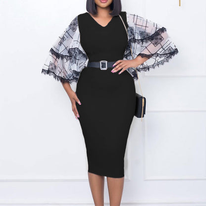 Damen Etuikleid Spitzenärmel Gürtel Elegant Eveloria