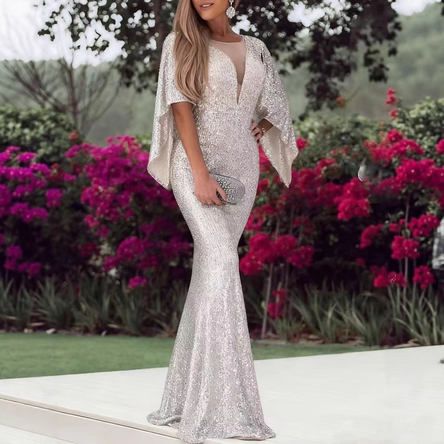 Damen Abendkleid Pailletten V-Ausschnitt Flügelärmel Eveloria - Eveloria