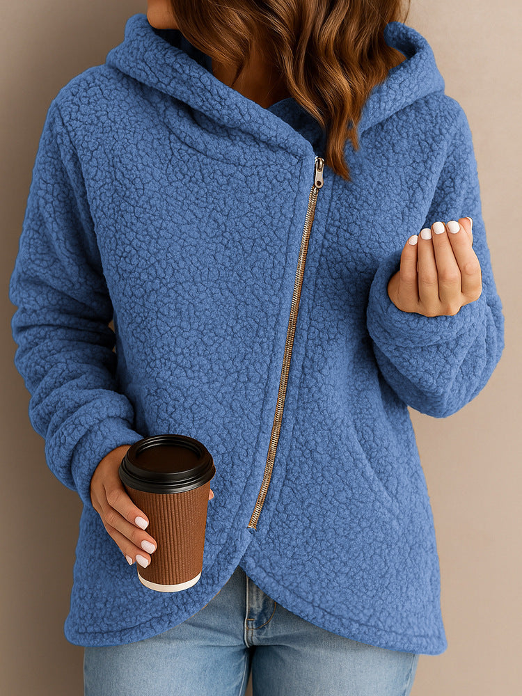 Damen Fleecejacke Asymmetrischer Reißverschluss Kapuze