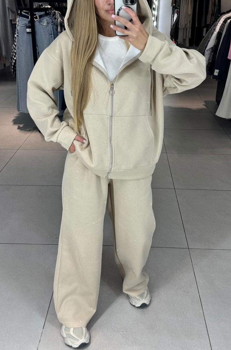 Damen Hoodie Jogginghosen Set Baumwolle Bequem Grau