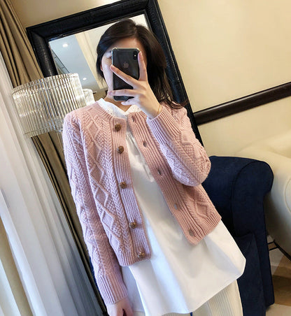Damen Grobstrickjacke Zopfmuster Dekorative Knöpfe Beige