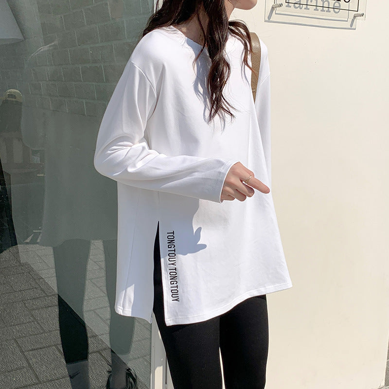 Damen Langarmshirt Asymmetrisch Moderner Schriftzug Eveloria