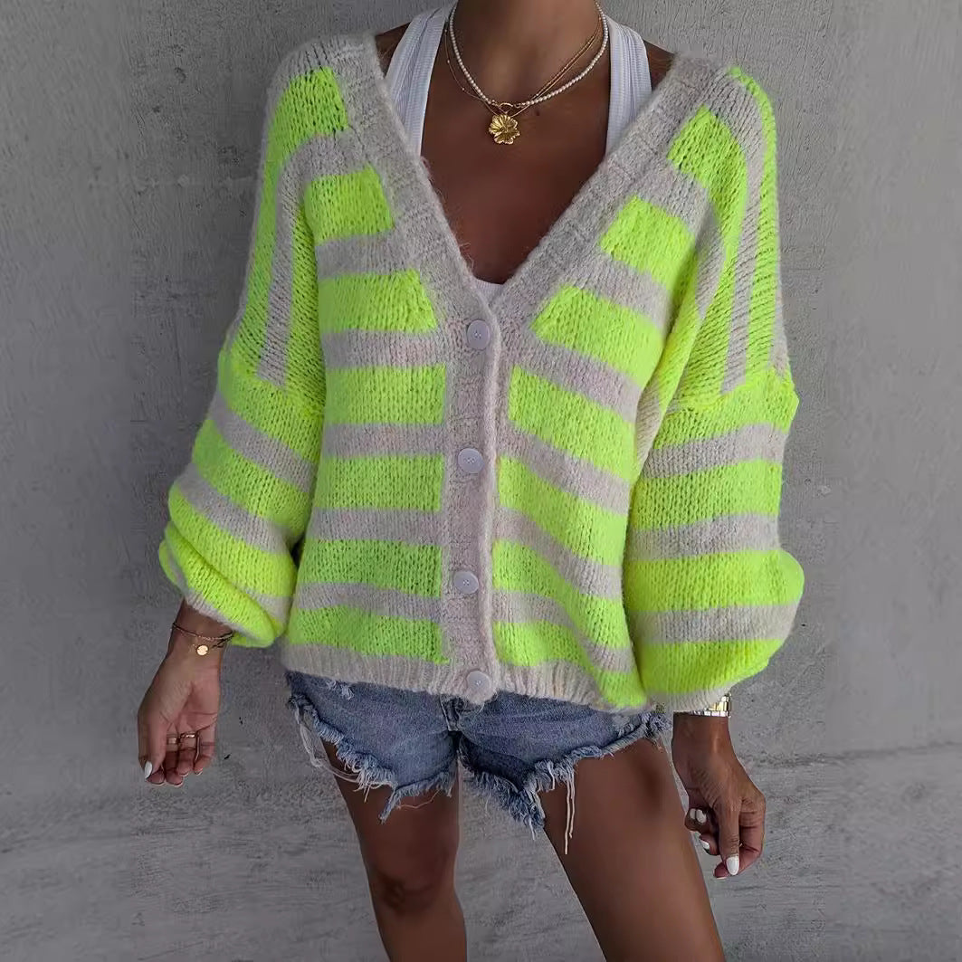 Damen Strickcardigan Lässig Streifenmuster Beige