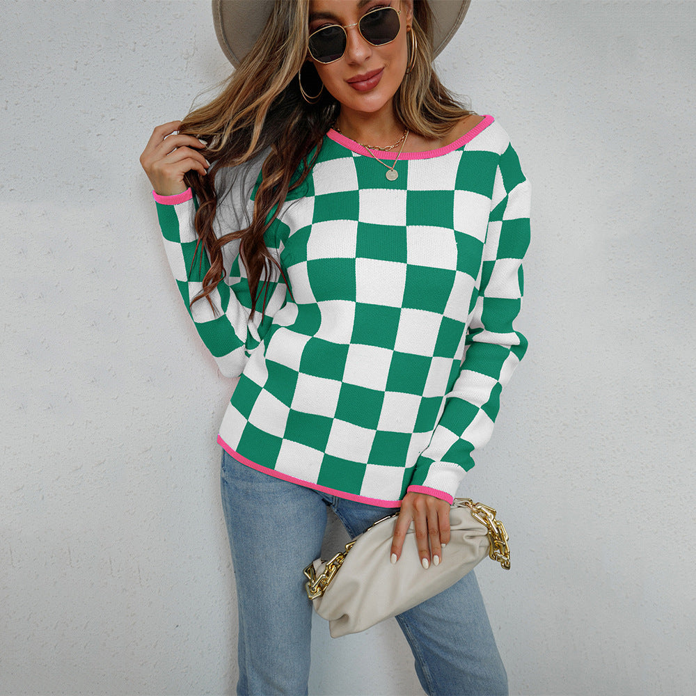 Damen Pullover Checkerboard Muster Grau Eveloria