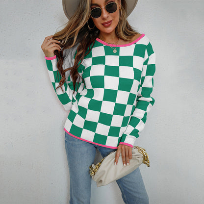 Damen Pullover Checkerboard Muster Grau Eveloria