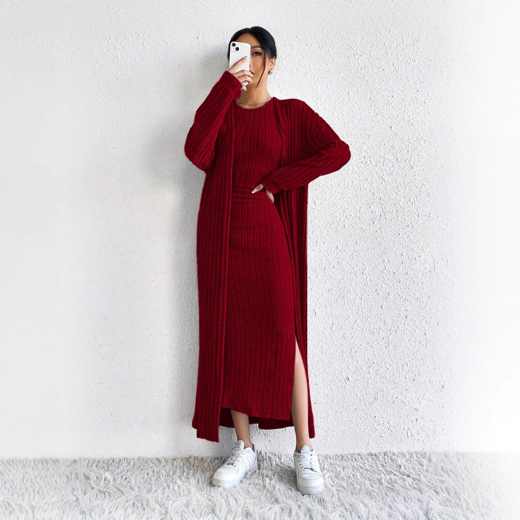 Damen Strickkleid Langärmlig mit Cardigan und Seitenschlitz