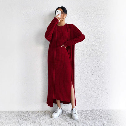 Damen Strickkleid Langärmlig mit Cardigan und Seitenschlitz