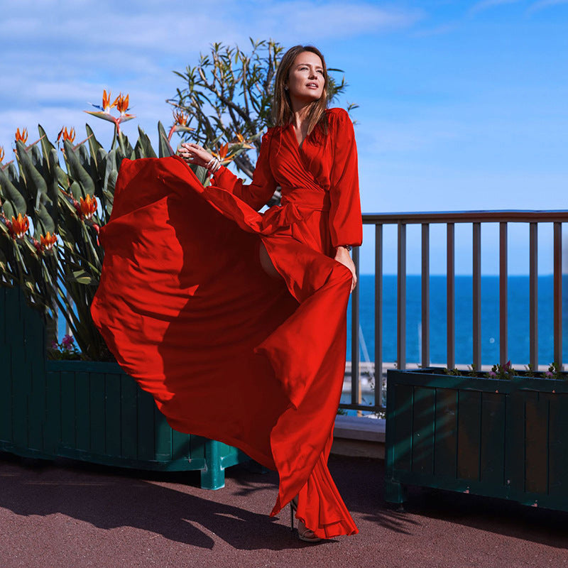 Damen Maxikleid V-Ausschnitt Elegantes Seitenöffnung Eveloria