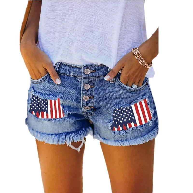 Damen Vintage-Shorts Jeans mit Flaggen-Applikationen Blau