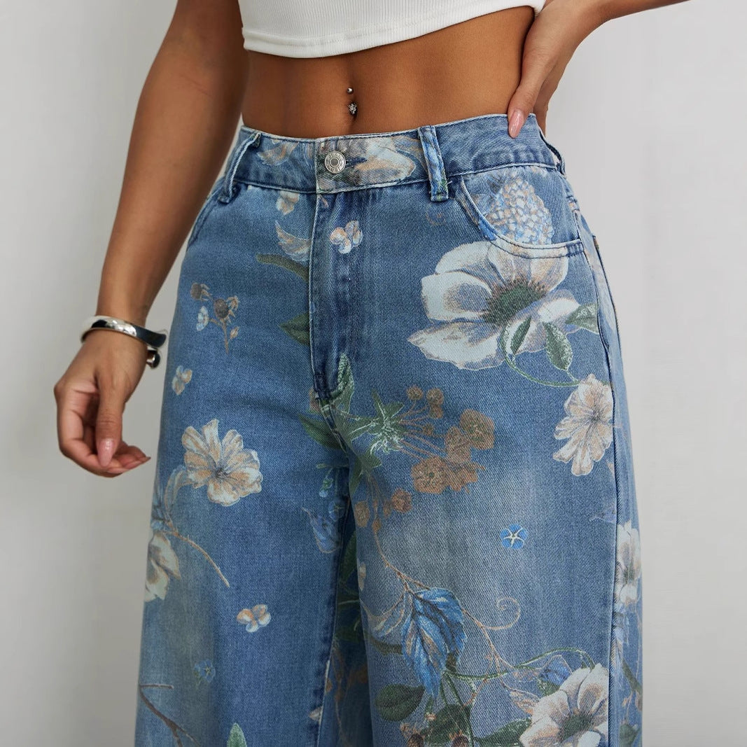 Damen Weite Jeans Florales Design Hoher Bund