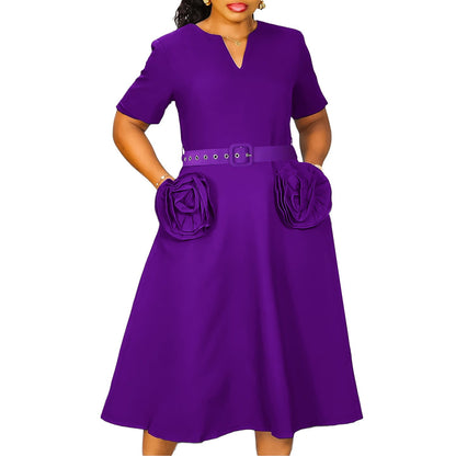 Damen Midi-Kleid Blumenapplikationen Taillengürtel Eveloria