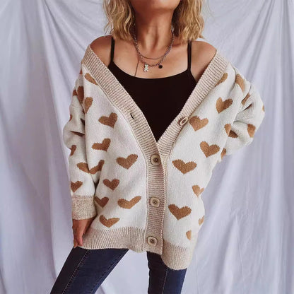 Damen Strickjacke Herzförmiges Muster Knöpfe