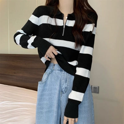 Damen Strickpullover Streifenmuster Reißverschluss