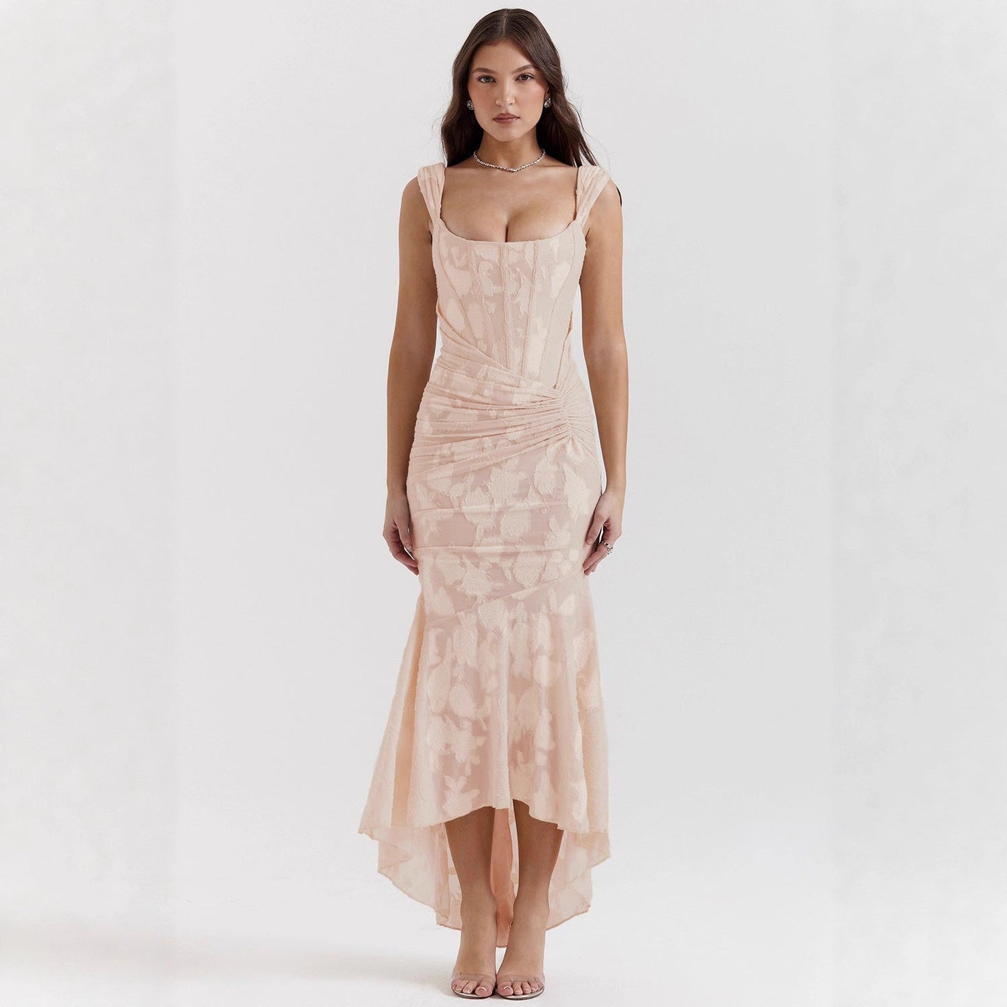Damen Maxikleid Bateau Ausschnitt Floral Asymmetrisch