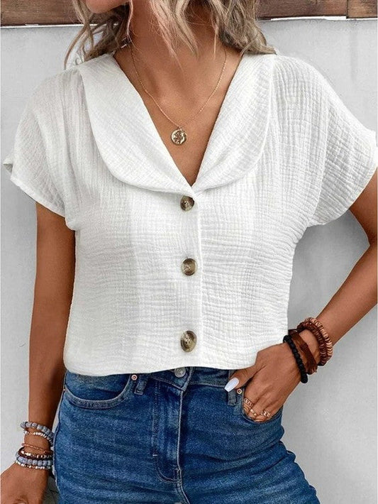 Damen T-Shirt mit Knöpfen Baumwolle Lässig Weiß - Eveloria