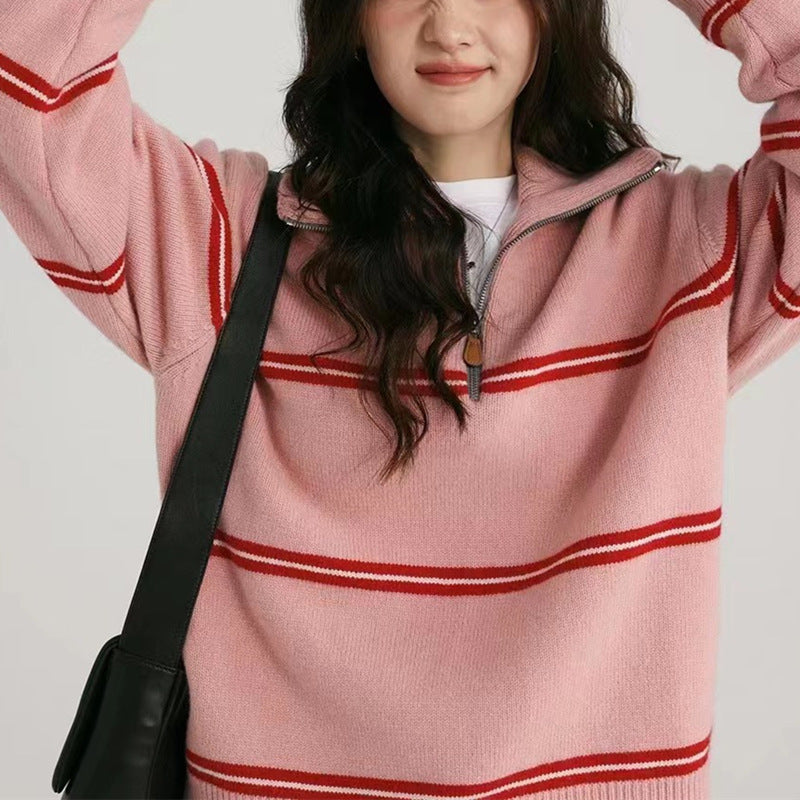 Damen Strickpullover Lässig Reißverschluss Streifenmeliert Grau