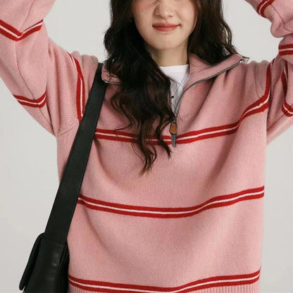 Damen Strickpullover Lässig Reißverschluss Streifenmeliert Grau