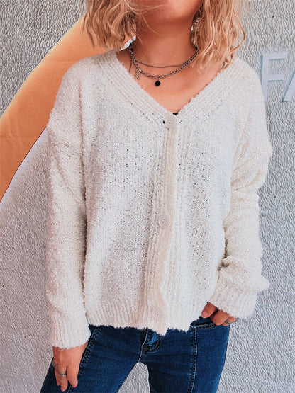 Damen Strickcardigan V-Ausschnitt Knöpfe Beige