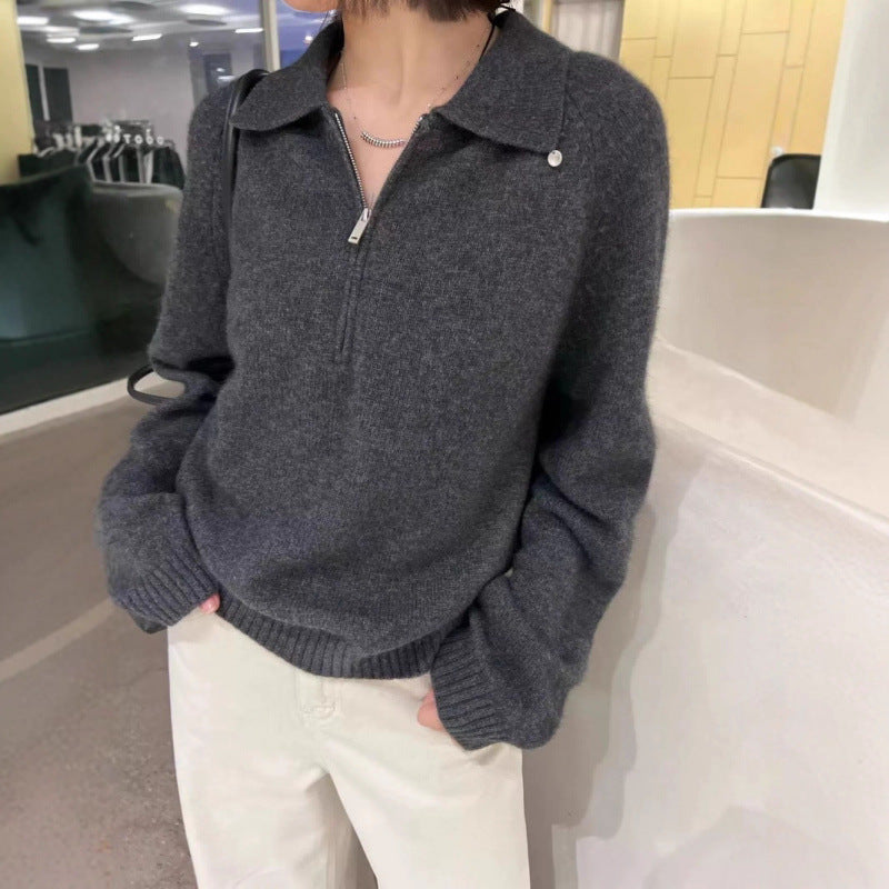 Damen Pullover Mit Reißverschluss Eleganter Kragen Schwarz Eveloria - Eveloria