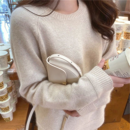 Damen Kaschmirpullover Feine Rippstruktur Lässiger Schnitt Beige