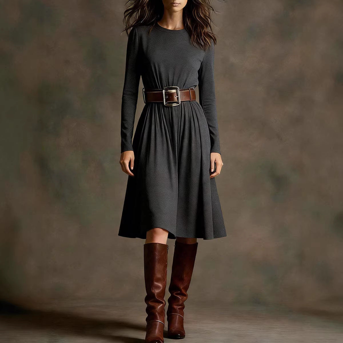 Damen Elegantes Kleid Langarm Taillengürtel Eveloria - Eveloria
