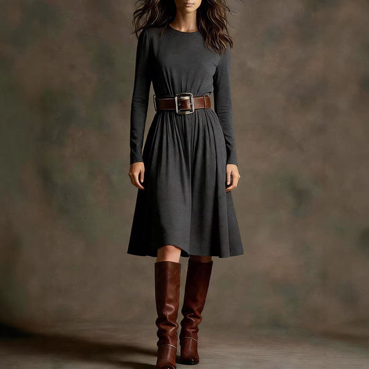Damen Elegantes Kleid Langarm Taillengürtel Eveloria - Eveloria