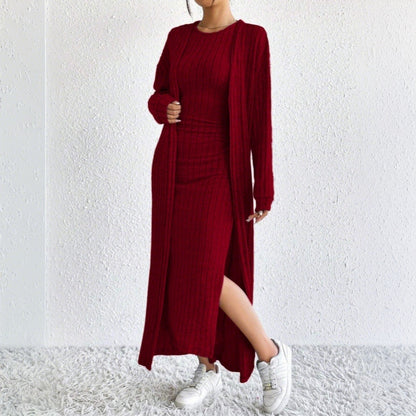 Damen Strickkleid Langärmlig mit Cardigan und Seitenschlitz