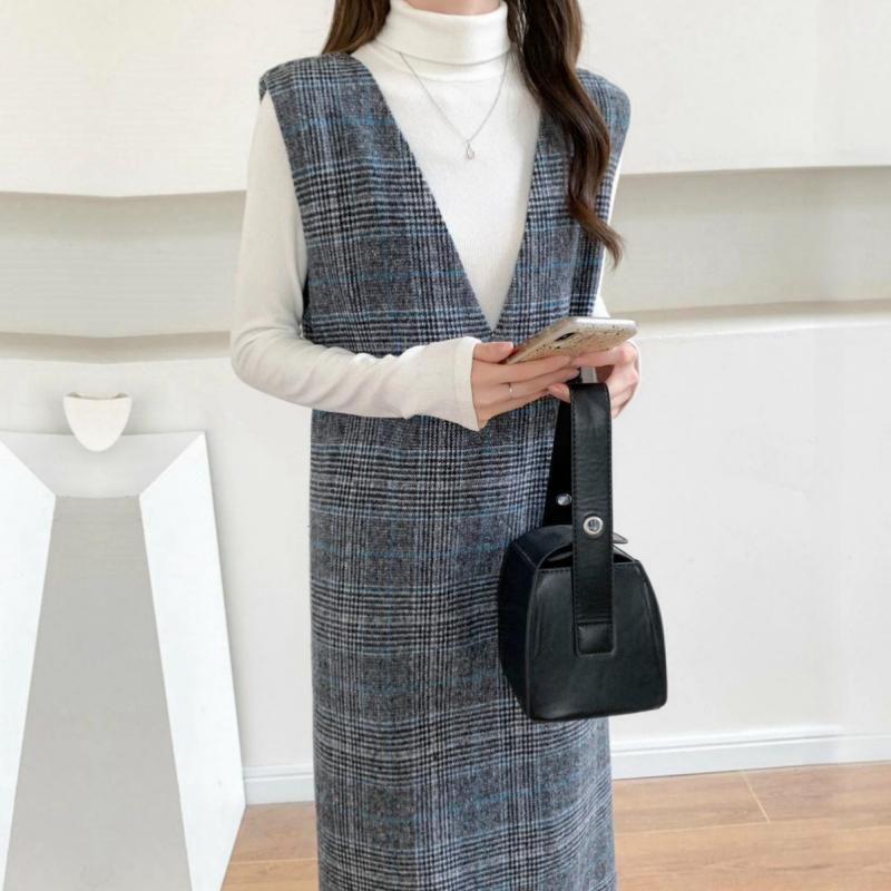 Damen Maxikleid Karomuster V-Ausschnitt Eveloria