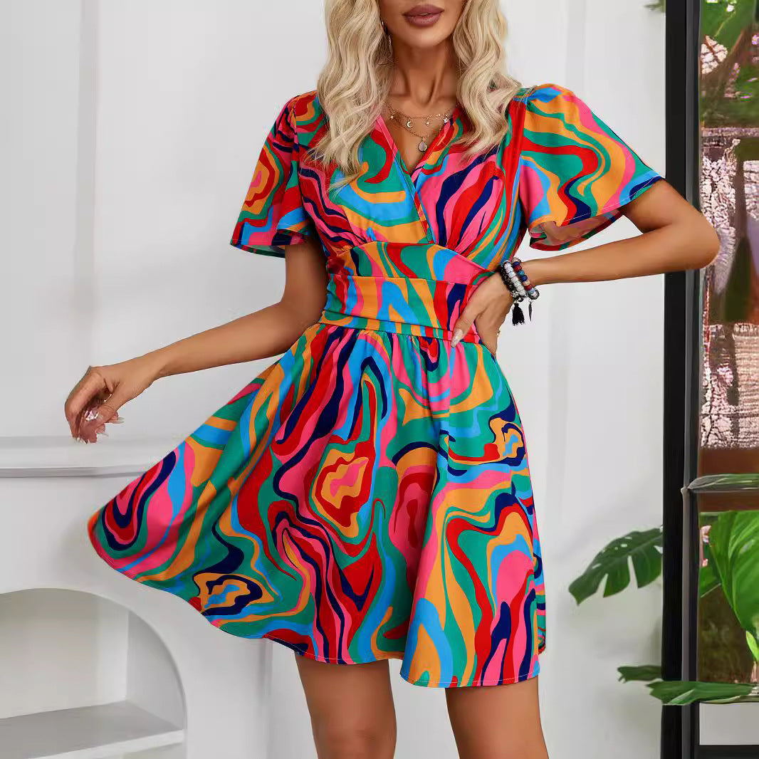 Damen Kurzarmkleid Wellenmuster Tailliert Eveloria - Eveloria
