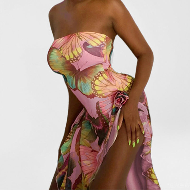 Damen Strandkleid Asymmetrisch Bunt Schmetterling