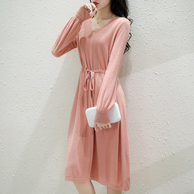 Damen Strickkleid Taillierbarer Gürtel Fein Strukturiert Anthrazit