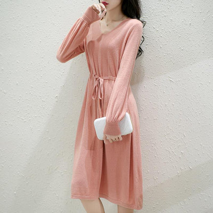 Damen Strickkleid Taillierbarer Gürtel Fein Strukturiert Anthrazit