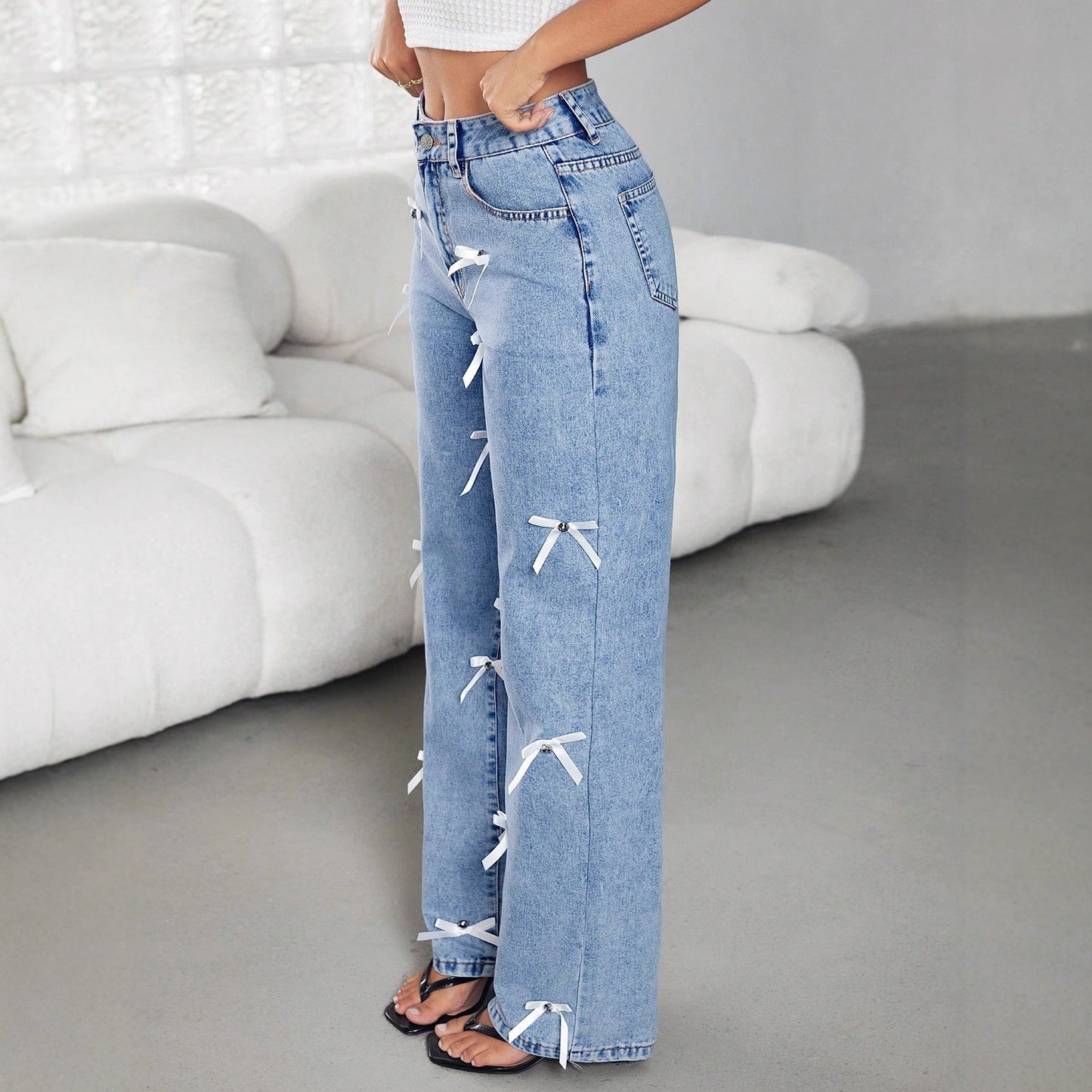 Damen Jeans Weite Fit Dekorative Schleifen Blau