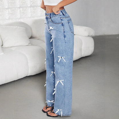 Damen Jeans Weite Fit Dekorative Schleifen Blau