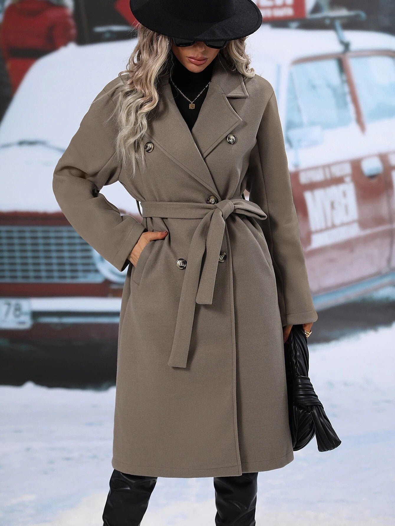Damen Oversized-Mantel Doppelter Knopfleiste Gürtel Eveloria