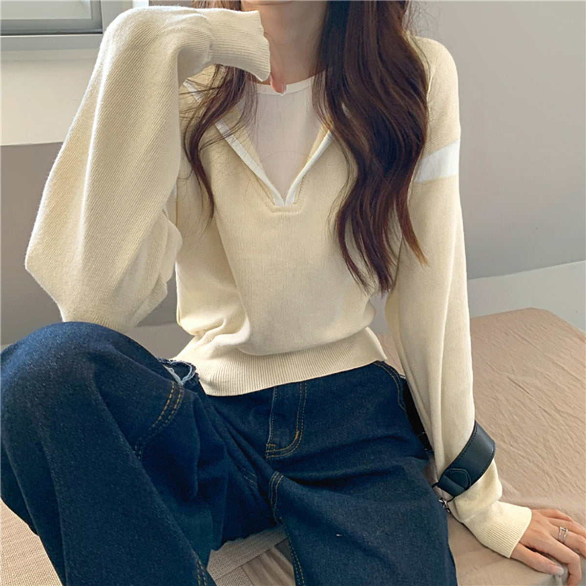 Damen Pullover V-Ausschnitt Oversized Baumwolle Beige - Eveloria