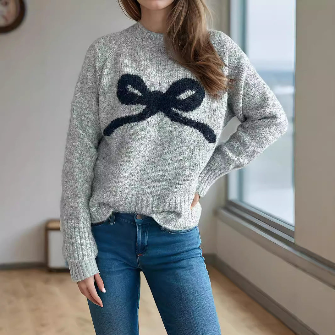 Damen Pullover Schleifenmotiv Kuschelfleece Weiß