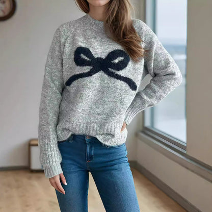 Damen Pullover Schleifenmotiv Kuschelfleece Weiß