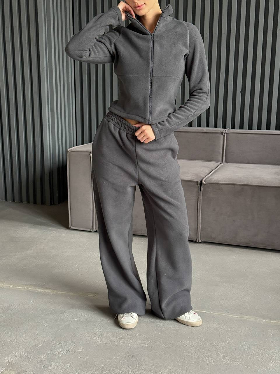Damen Fleece Jogginganzug Hochkragen Praktische Taschen