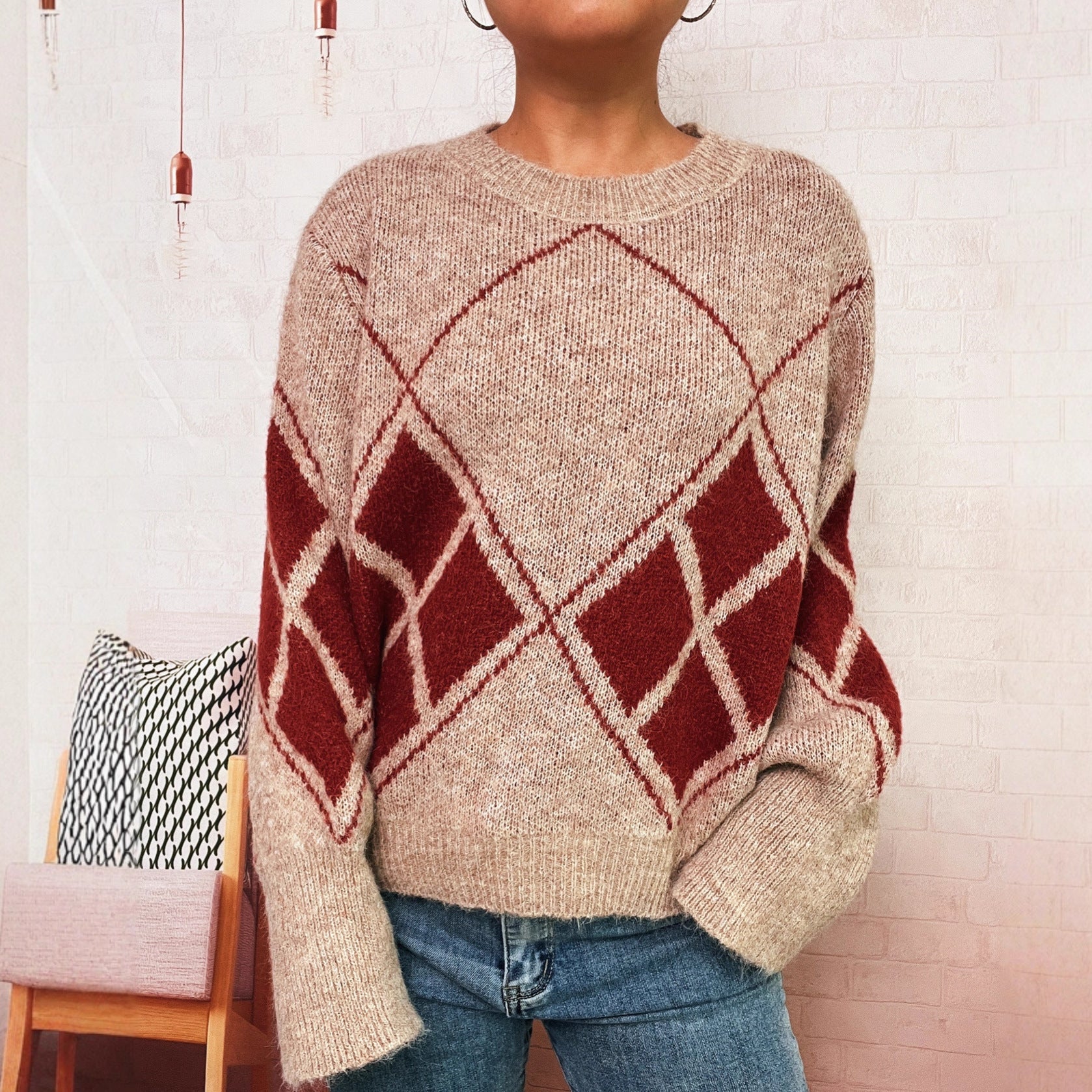 Damen Strickpullover Karomuster Eveloria - Eveloria