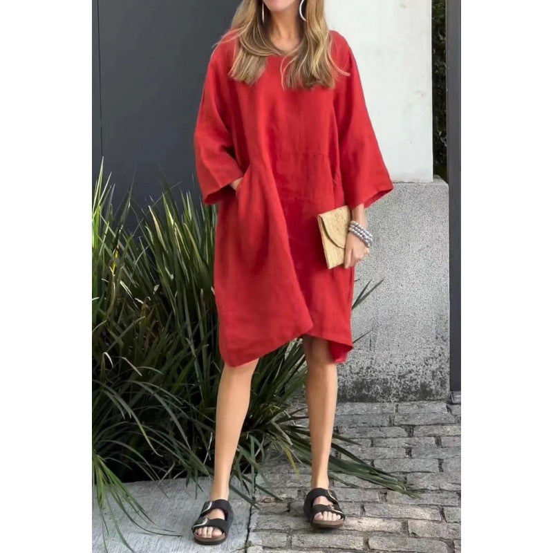 Eveloria Damenkleid Einfarbig Baumwolle Mit Taschen