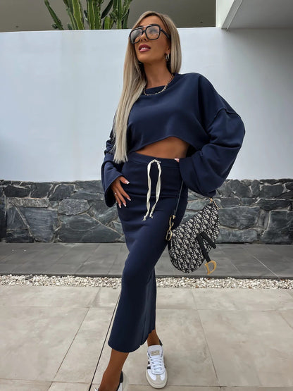 Damen Sweatshirt Set Midirock Eveloria Baumwolle