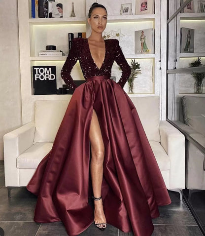 Damen Abendkleid V-Ausschnitt Hochgeschnitten Eveloria