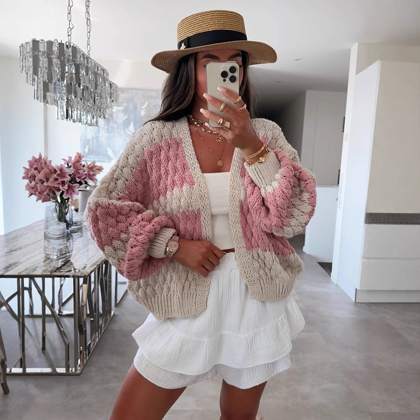 Damen Strickcardigan Oversized Großes Zopfmuster Beige