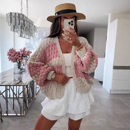 Damen Strickcardigan Oversized Großes Zopfmuster Beige