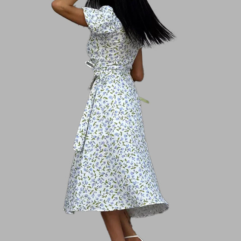 Damen Wickelkleid Voluminöse Puffärmel Floralmuster